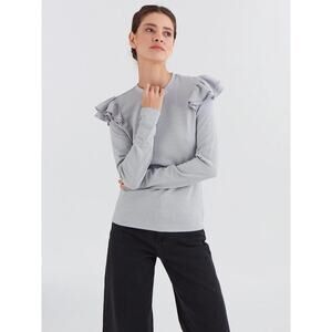 Gap Shiny Glitter Long Sleeve Ruffle Trim Rib T-Shirt Silver Shine Womens XS NWT